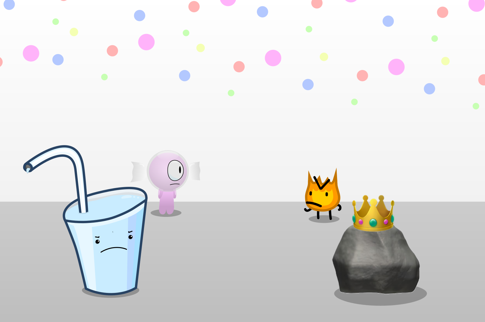 Character Clash Arena thumbnail featuring a sad cup, a pink candy, an angry flame, and a crowned rock