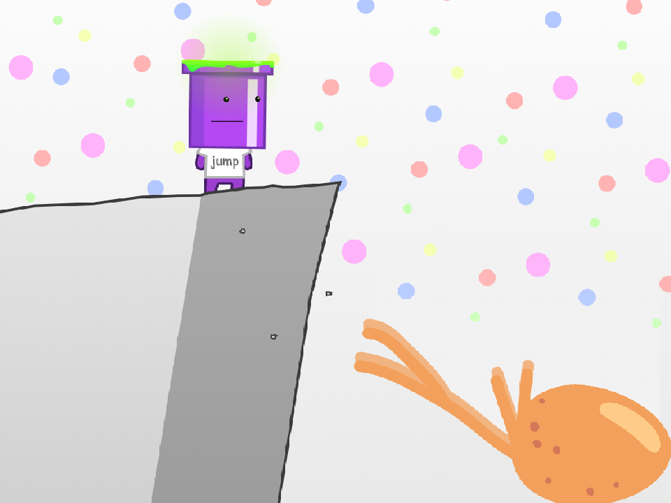 Thumbnail for the second game in the Character Clash series, featuring a purple block character on a cliff edge facing an orange, tentacled creature against a backdrop of colorful polka dots