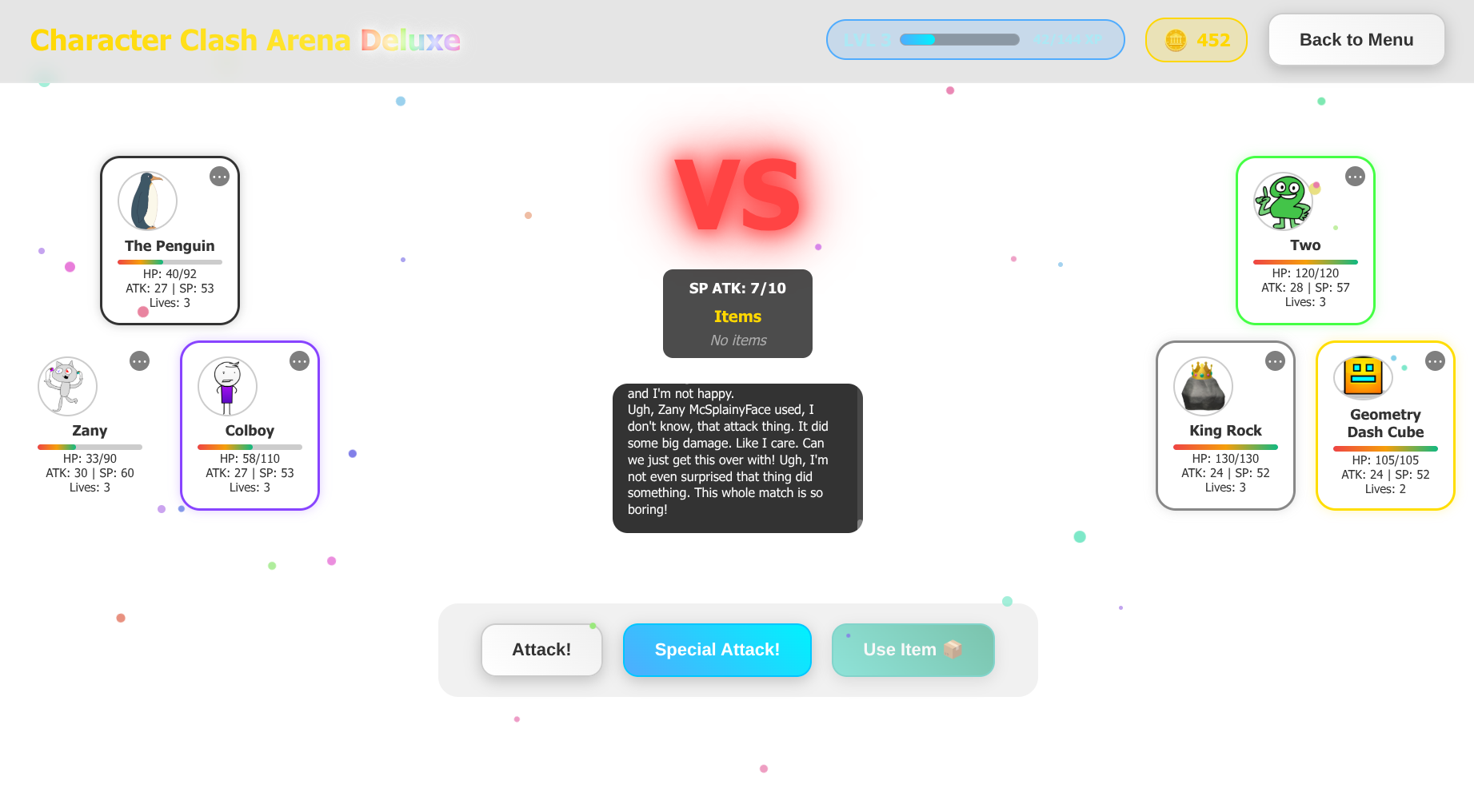 Gameplay screenshot showing two teams of characters ("The Penguin", "Zany", "Colboy" vs. "Two", "King Rock", "Geometry Dash Cube") engaged in turn-based combat with stats, action buttons, and a dialogue box visible.