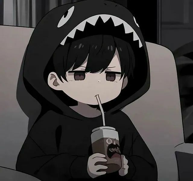 An anime-style character with black hair wearing a black shark hoodie, drinking from a cup with a straw.