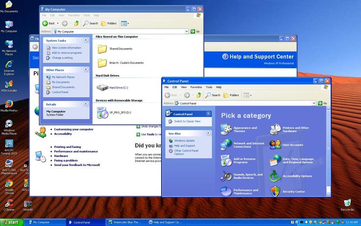 Windows XP desktop showing Luna interface with My Computer, Control Panel, and Help Center open