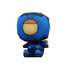 A cute, chibi-style plush toy of the character V1 from Ultrakill. It is blue and yellow, sitting.