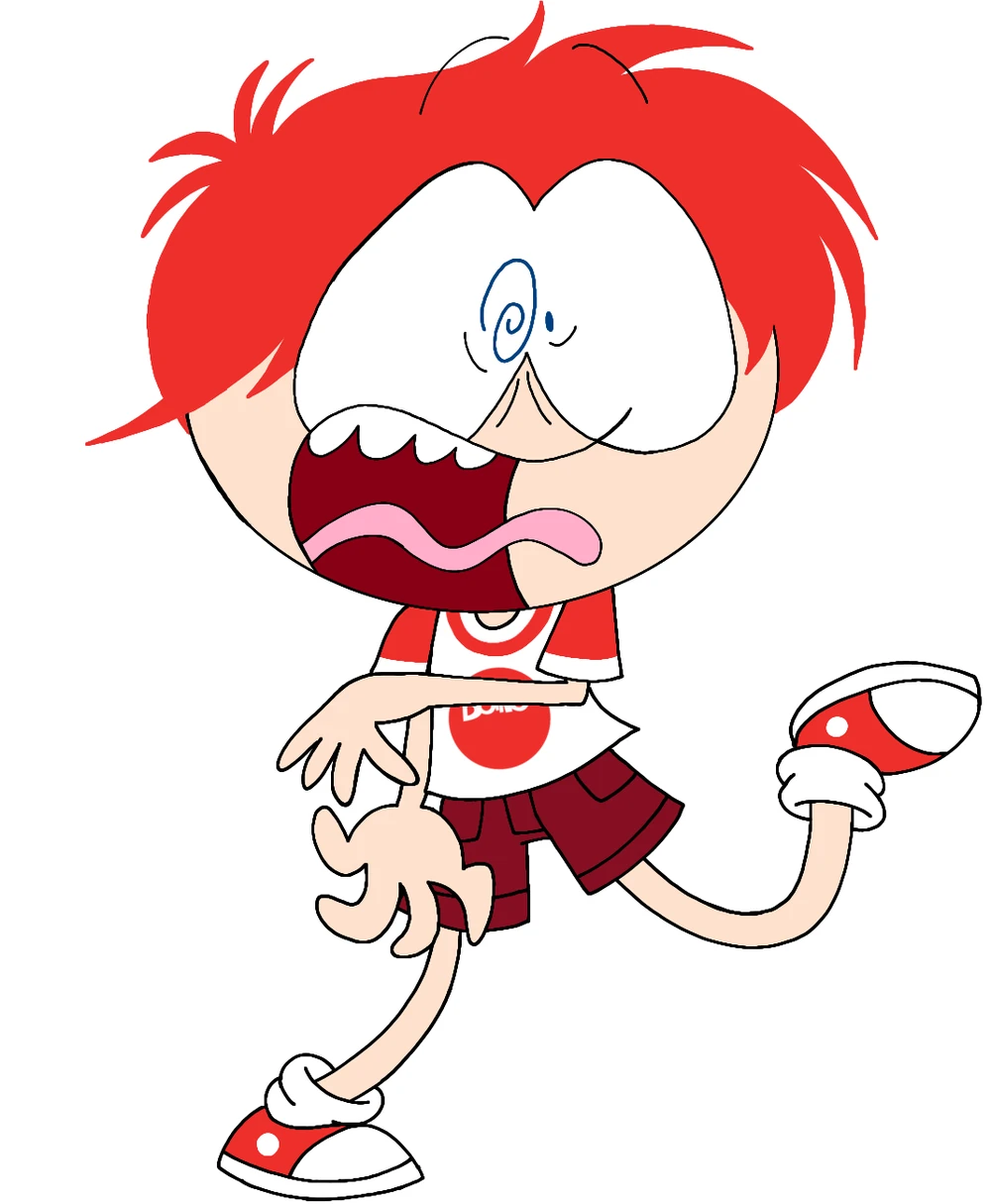 Cartoon depiction of a logokid with wide eyes and an exaggerated expression, wearing a branded t-shirt.