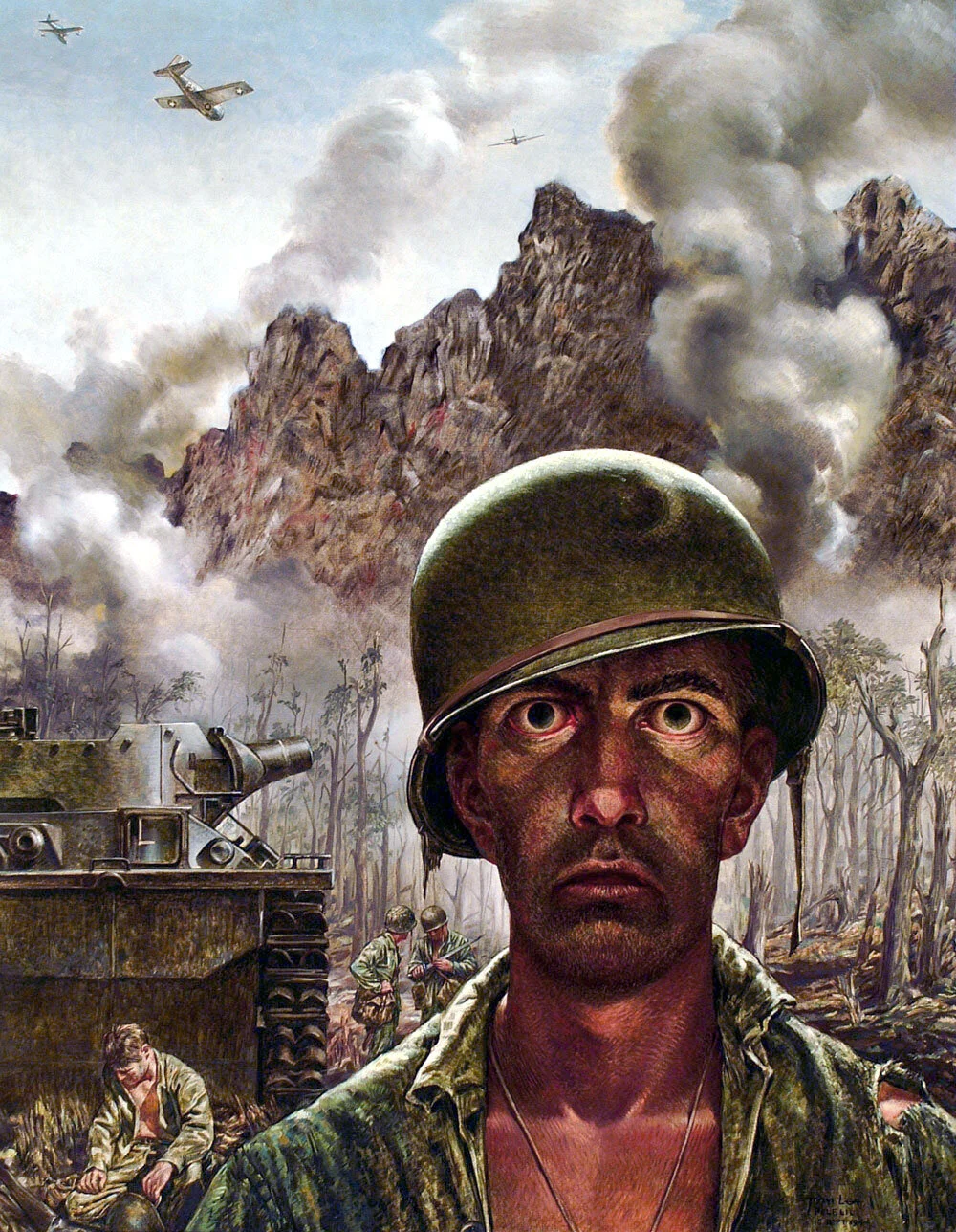 Traumatized soldier in battle, a painting by Tom Lea