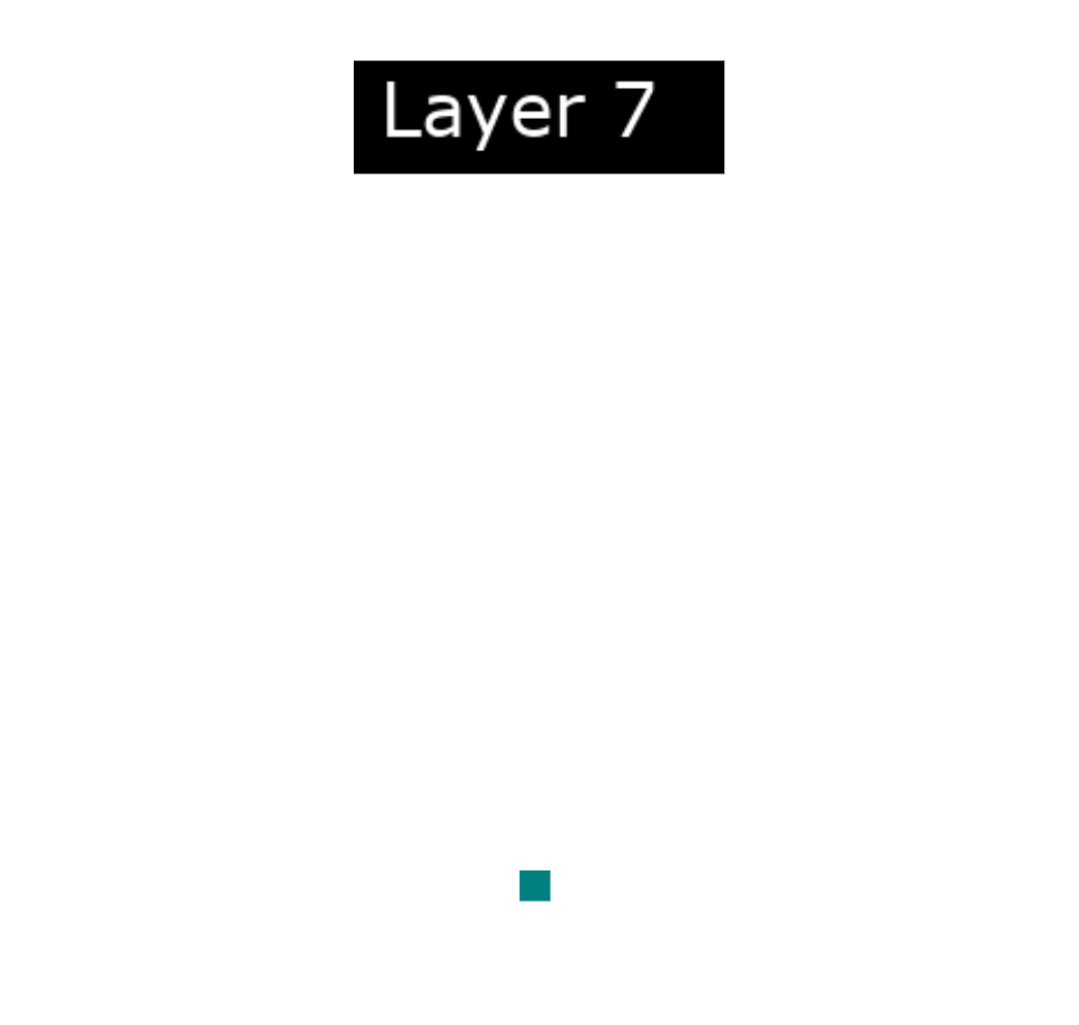 Image of Algodoo Sky Layer 7, showing a plain white background with 'Layer 7' in a black rectangle at the top and a small teal square at the bottom center.