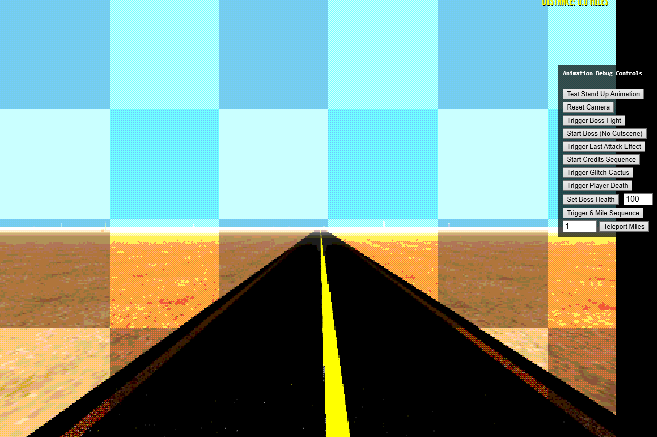 Screenshot of the 'Desert Walk' websim game, showing a pixelated road stretching into a desert under a clear sky, with debug controls visible on the right.
