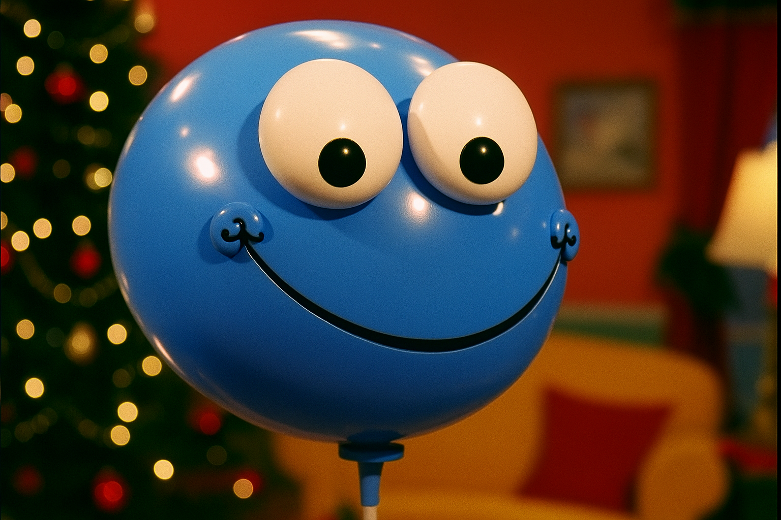 A cheerful blue, spherical character with large eyes, resembling a balloon, against a festive background.