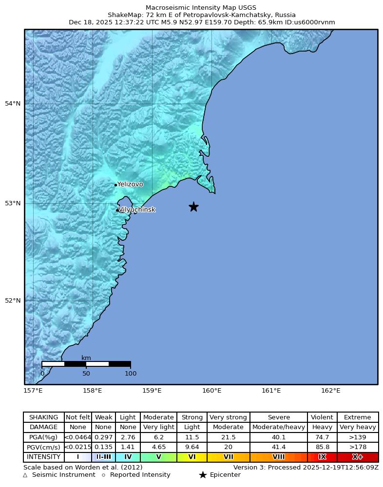 ShakeMap for M 5.9 earthquake near Kamchatka